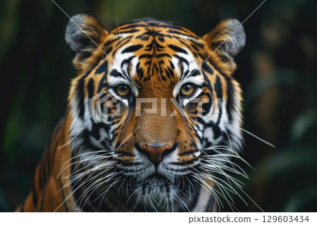 Majestic Bengal Tiger Walking Through Lush Green Jungle Majestic Bengal Tiger Walking Through Lush Green Jungle 129603434