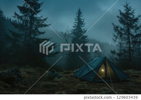 Mysterious Night Camping in Dense Forest Under Starry Sky Mysterious Night Camping in Dense Forest Under Starry Sky 129603439