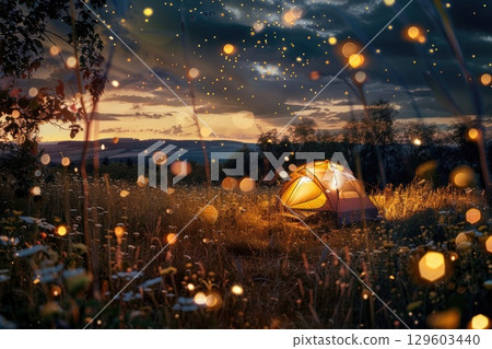 Glowing Tent at Dramatic Sunset in Sparkling Meadow - Magical Outdoor Scene 129603440