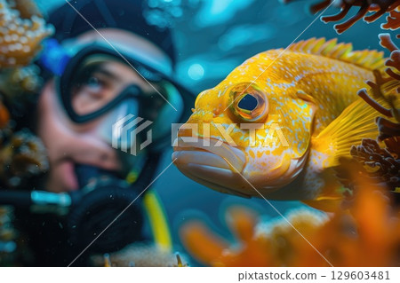 Scuba Diver Underwater Close-Up with Colorful Fish and Coral Reef in Ocean 129603481