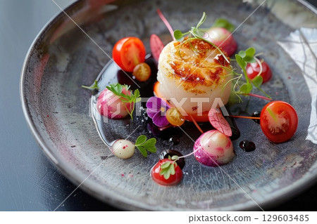 Gourmet Plated Scallop Dish with Microgreens, Cherry Tomatoes, and Edible Flowers 129603485