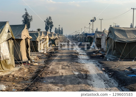 Temporary Refugee Camp with Tents in Rural Area under Blue Sky Temporary Refugee Camp with Tents in Rural Area under Blue Sky 129603583