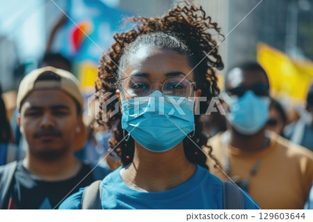 Young Woman Wearing Face Mask at Outdoor Protest or Rally with Diverse Crowd 129603644