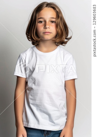 Smiling Boy Child in White T-shirt Against Plain Background Smiling Boy Child in White T-shirt Against Plain Background 129603683
