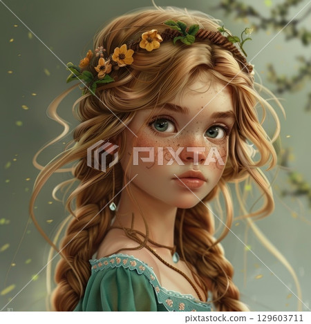 Enchanting Portrait of a Young Girl with Floral Crown and Braided Hair in Magical Forest Setting Enchanting Portrait of a Young Girl with Floral Crown and Braided Hair in Magical Forest Setting 129603711