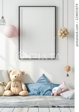 Minimalist Cozy Nursery Interior with Blank White Frame and Soft Plush Toys 129603874