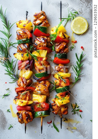 Grilled Chicken Skewers with Fresh Vegetables and Pineapple Chunks 129603932
