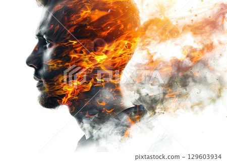 Fiery Forest Double Exposure Male Portrait with Vivid Nature Imagery 129603934
