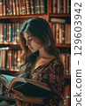 Young Woman Reading Book in Vintage Library 129603942