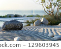 Coastal Sand Dunes and Textured Rock with Gentle Shadows at Sunset 129603945