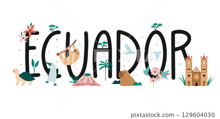 Ecuador Word Art with African Wildlife Animals, Birds, and Nature in Cute Illustration Style. Ecuador Word Art with African Wildlife Animals, Birds, and Nature in Cute Illustration Style. 129604030