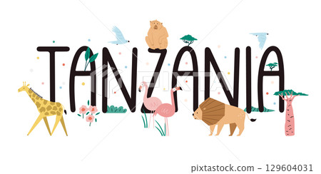 Tanzania Word Art with African Wildlife Animals, Birds, and Nature in Cute Illustration Style Tanzania Word Art with African Wildlife Animals, Birds, and Nature in Cute Illustration Style 129604031