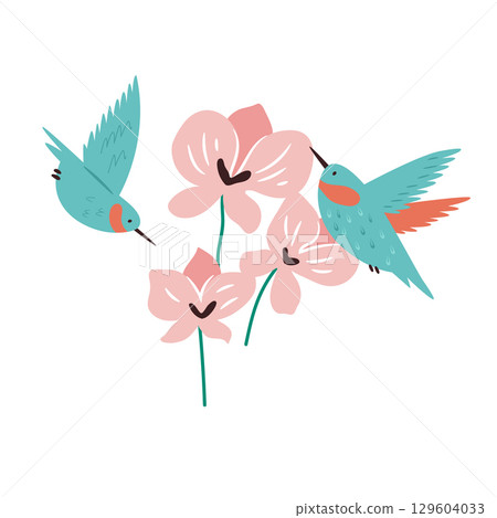 Colorful Hummingbirds and Pink Flowers. Vector Illustration 129604033