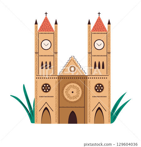 Vector Illustration of Basilica del Voto Nacional in Quito Ecuador with Gothic Architecture Details 129604036