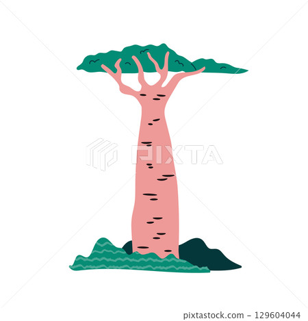 Hand Drawn Vector Illustration of Baobab Tree with Exotic African Nature Details. Hand Drawn Vector Illustration of Baobab Tree with Exotic African Nature Details. 129604044