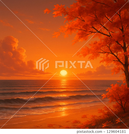 秋海與落日的樹葉 129604181