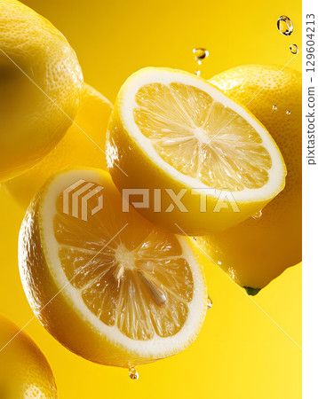 Yellow lemons on yellow background. Wallpaper with citrus slices. Still life for design. front view 129604213