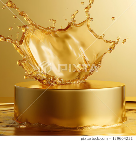 yellow podium on background with oil splashes. banner for holidays. Stand for displaying good. 129604231