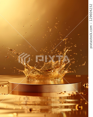 yellow podium on background with oil splashes. banner for holidays. Stand for displaying good. 129604232