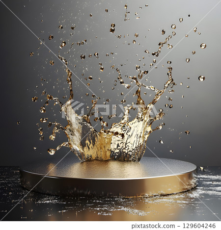 silver podium on background with oil splashes. banner for holidays. Stand for displaying good. 129604246