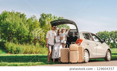 Car trip. Family vacation road adventure. People grass luggage travel. Car trip. Family vacation road adventure. People grass luggage travel. 129604357