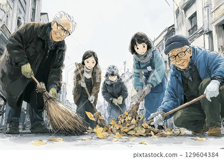 Elderly people cleaning up the city as part of an autumn volunteer activity 129604384