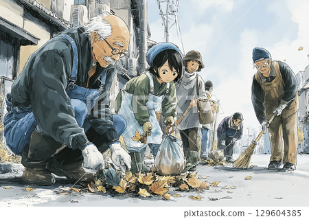 Elderly people cleaning up the city as part of an autumn volunteer activity 129604385