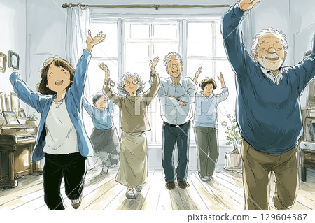 A group of elderly people exercising in a spring health exercise class A group of elderly people exercising in a spring health exercise class 129604387
