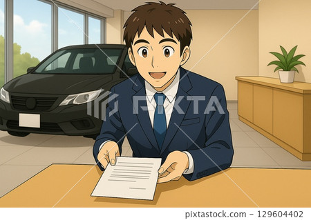 西裝革履的銷售員在汽車經銷店遞交商業文件 西裝革履的銷售員在汽車經銷店遞交商業文件 129604402