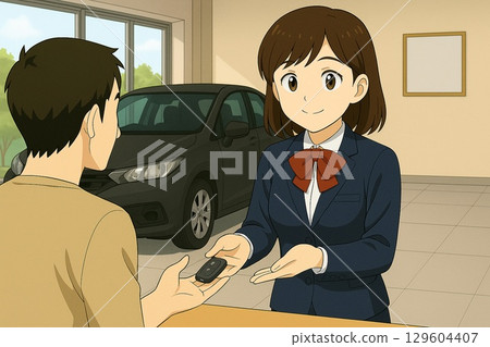 汽車經銷店的女銷售人員將車鑰匙交給顧客 129604407