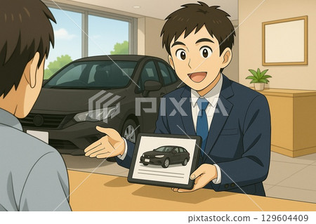 汽車經銷店的銷售員使用平板電腦介紹汽車 129604409