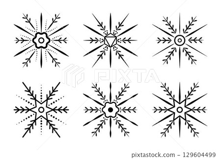 Black monochrome snowflake set, vector signs in different variations, winter collection Black monochrome snowflake set, vector signs in different variations, winter collection 129604499