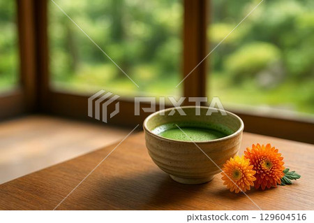 菊花與日式點心的絕妙搭配。點綴四季的日式點心合輯。抹茶 129604516