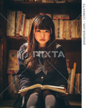 A high school girl reading a book in a quiet library - a moment of reflection resonates in the retro space A high school girl reading a book in a quiet library - a moment of reflection resonates in the retro space 129604753