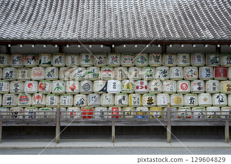 Sake barrels in the portable shrine storehouse at Matsuo Taisha Shrine, Arashiyama, Nishikyo Ward, Kyoto City 129604829