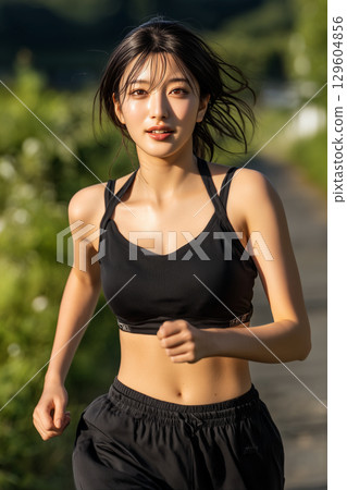 夏日陽光下奔跑的女人－散發著健康、美麗和活力的跑步場景 129604856