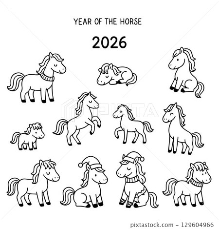Cute Horses in Doodle Style for Chinese New Year 2026 Traditional Holiday Design Elements. Vector 129604966