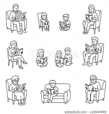Happy family reading books and newspapers. Home leisure. Flat vector illustration. Vector illustration 129604969