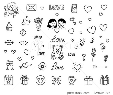 Valentine's Day icon collection. Lots of hearts, teddy bear, doodle gifts. Vector illustration. Valentine's Day icon collection. Lots of hearts, teddy bear, doodle gifts. Vector illustration. 129604976
