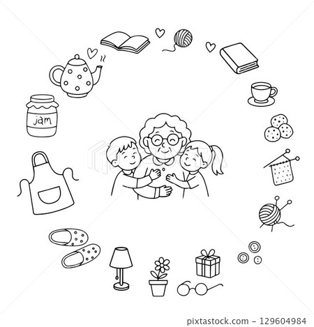 Banner Happy grandson and granddaughter hugging grandmother. Grandmothers Day card design. Vector illustration on white background. Banner Happy grandson and granddaughter hugging grandmother. Grandmothers Day card design. Vector illustration on white background. 129604984
