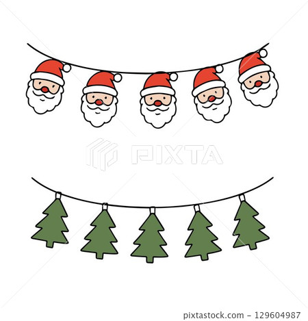 Christmas and New Year vector collection. Garlands with Santa and Christmas trees in doodle style Christmas and New Year vector collection. Garlands with Santa and Christmas trees in doodle style 129604987