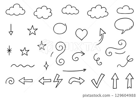 Decorative doodles sketch scribble hand drawn handmade pencil pen marker set vector graphic design illustration art for business infographic journal set pointing arrow speech bubble line outline shape 129604988