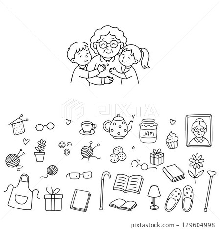 Happy grandson and granddaughter hugging hugging grandmother. Design for postcards for Grandmothers Day. Happy grandson and granddaughter hugging hugging grandmother. Design for postcards for Grandmothers Day. 129604998