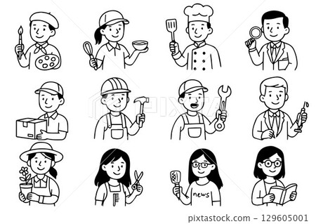 Professions set. Occupation collection, male and female workers in uniform. Isolated vector illustration in doodle style. Vector illustration Professions set. Occupation collection, male and female workers in uniform. Isolated vector illustration in doodle style. Vector illustration 129605001