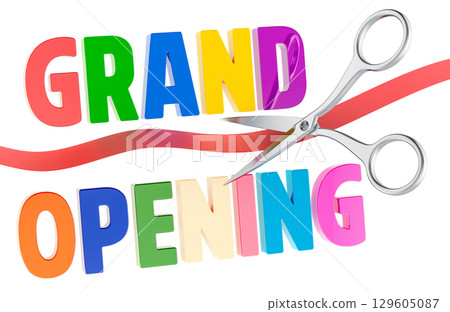 Grand Opening concept with ribbon and scissors. 3D rendering 129605087