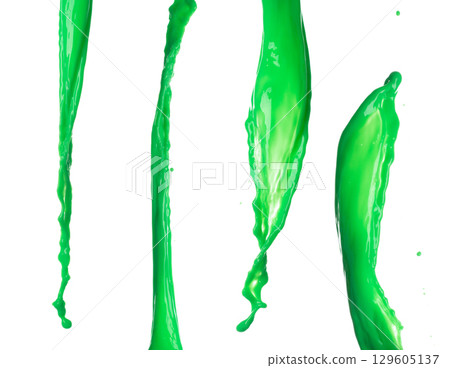 Green Matcha Milk Tea pour fall down, explosion in air. Green Matcha Milk Tea spill splash in shape form line as paint color. White background isolated high speed shutter freeze motion 129605137