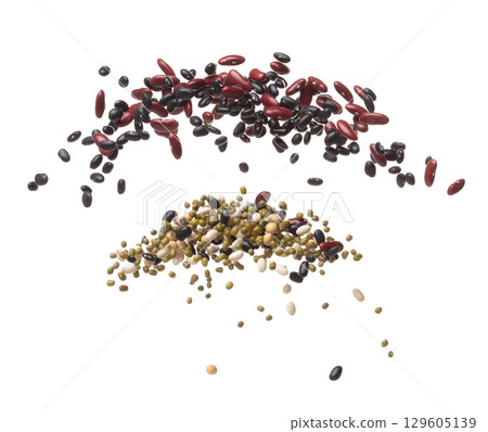 Mix black red beans fall down explosion, several kind bean float explode, abstract cloud fly. Dried red black mixed beans splash throwing in Air. White background Isolated high speed shutter, freeze 129605139