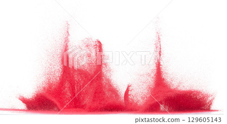Small size red Sand flying explosion, blood sands grain wave explode. Abstract cloud fly. Red colored sand splash throwing in Air. White background Isolated high speed shutter, throwing freeze stop 129605143