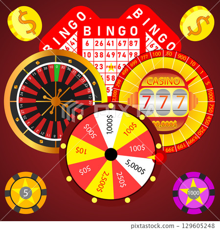 Gambling Vector Set with Roulette, Bingo Card, Prize Wheel, Casino Chips, and Coins 129605248