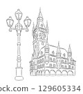 Vector drawing Old Town Hall in Prague isolated on white background 129605334